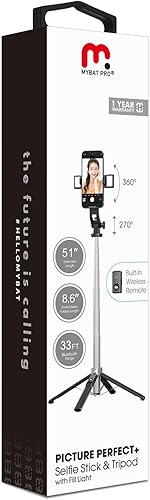 Miniatura 9 de MYBAT PRO - Trípode para selfie stick con control remoto, 4 en 1 extensible portátil Bluetooth Selfie Stick con luces y trípode para teléfono,