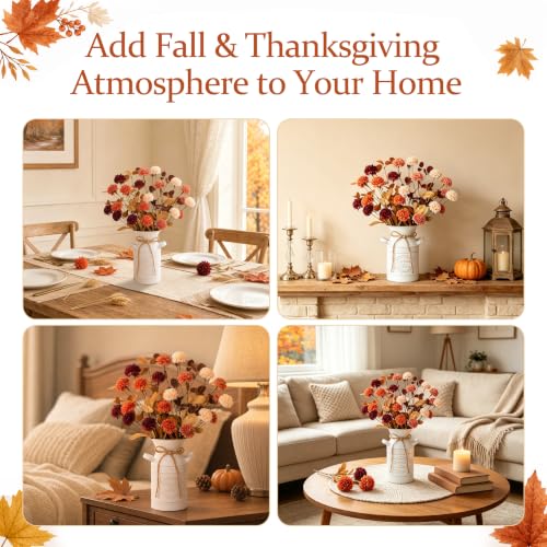 Image of Fall Thanksgiving Table Decorations, Farmhouse Centerpieces for Tables | Fall Thanksgiving Table Centerpieces Decor for Home Dining Table with Artificial Ball Chrysanthemums, Vintage Metal Vase