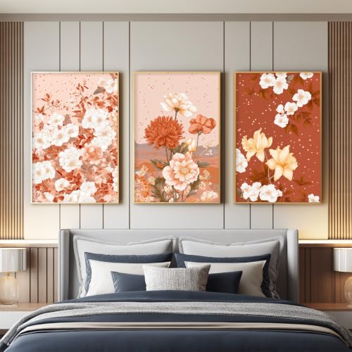 Mural floral elegante de gama artística en lienzo de tres paneles para dormitorios modernos 5