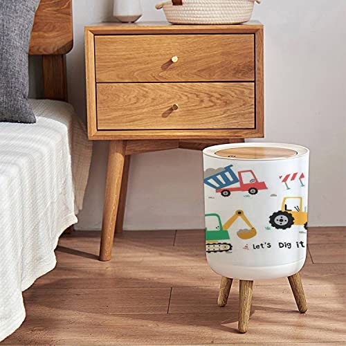 Image of Small Trash Can with Lid Cute Construction Trucks for Kids Round Recycle Bin Press Top Dog Proof Wastebasket for Nursery Playroom Bedroom Office 7L /1.8 Gallon