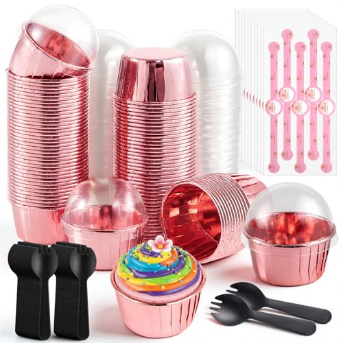 Teecyhooo 100 Pack 3.5oz Pink Cake Pans with Dome Lids and Spoons Aluminum Foil Mini Round Baking Cups with Lids Disposable Ramekins Cake Pans Dessert Cups for Wedding Birthday Party