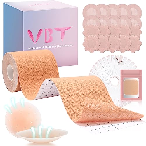 Image of VBT Boob Tape, Body Tape for Breast Lift with 1 Breast Lift Tape, 10 Pairs Satin Bra Petals, 1 Pair Silicone Nipple Stickers, 36 PCS Double Sided Tape, Bob Tape for Large Breasts A-G Cup Nude