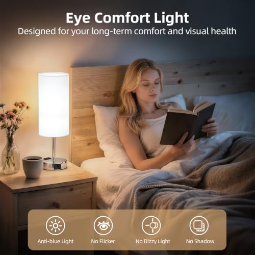 Image of Table Lamp, Dimmable Touch, AC Outlet, USB A+C (White&Silver) | 3-Way Dimmable, Small Touch Lamp with Eye-Care LED Bulb, Ideal Bright Lighting Bedside Lamps for Nightstand, Bedroom, Reading