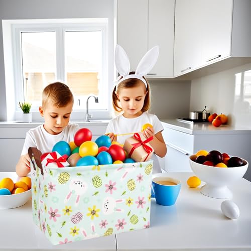 Image of Large Empty Easter Basket for Kid Fabric Personalized Bunny Eggs Easter Gift Basket for Boy and Girl (Rabbit Blue Background)