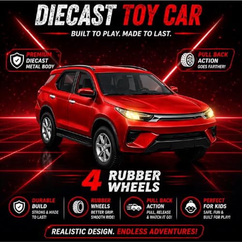 Image of Pringo Fortuner Toy Car for Kids (Red) - 1:36 Scale Diecast Metal SUV with Pull Back Action | Two Side Openable Doors | Light & Sound Effects | Model Car Toy for Boys & Girls 3+ Years