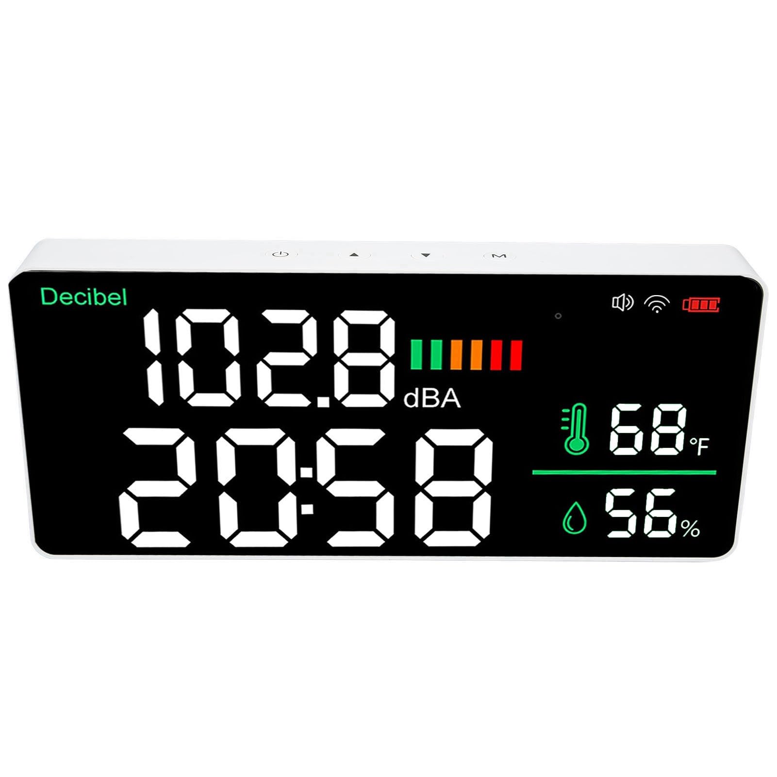 Aramox Medidor de Decibelios Montado en la Pared, Medidor de Nivel de Sonido ABS con Pantalla LED de 11 Pulgadas, 30 a 130 DBA WiFi App Monitor de Tiempo de Humedad y Temperatura para Aula, Estudio,