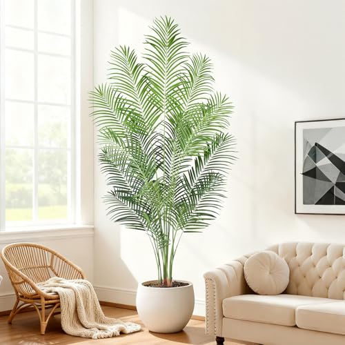 Image of 7ft Artificial Palm Tree - 210cm Tall Fake Areca Palm Plant with 18 Leaves and Realistic Bark Design - Faux Tropical Plants with Pot Perfect for Indoor Home, Living Room, or Bedroom Decor