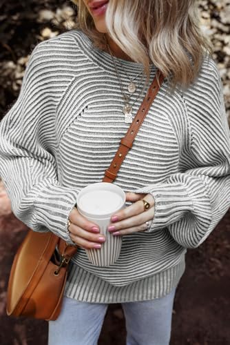 Image of EVALESS Striped Sweaters for Women Boat Neck Batwing Sleeve Oversized Pullover Sweater Tops Womens Fall Clothes Outfits