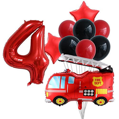 HCRXVV Lot de 10 ballons gonflables pour 4 ans - Pour anniversaire d'enfant - Motif camion de pompiers - Décoration d'anniversaire pour garçon - 4 ans Cover