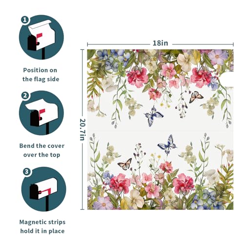 Image of Spring Welcome Mailbox Cover - Magnetic, Colorful Flowers & Butterfly Design - Standard Size 18 x 21 Inch - Summer Floral Holiday Wrap for Home, Outdoor & Garden