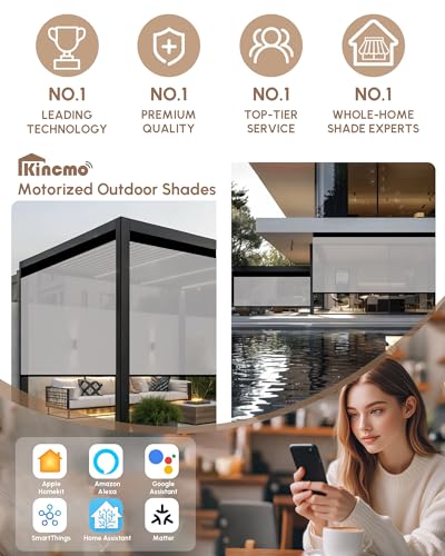 Image of Kincmo Motorized Outdoor Shades for Patio Porch, Custom Outdoor Motorized Blinds with Remote, Waterproof & Windproof Patio Shades Work with Apple Home,Alexa,Google (3%-Openness White Grey)