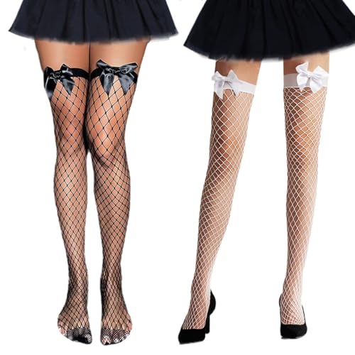 2 Pairs Bow Fishnet Thigh High Stockings Mesh Tights Sexy Black Fishnet High Stockings Party Cosplay for Women