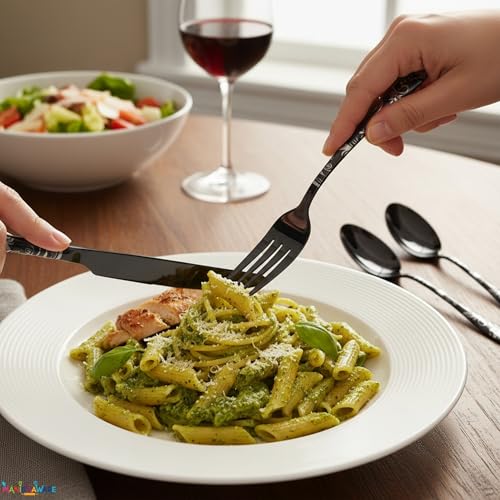 Image of Floral Black 5 Pcs Stainless Steel Cutlery Set for Dining Table, Dishwasher Safe Glossy Flatware (1 Spoon Set+1 Forks Set+1 Butter Knife+1 Dessert Spoon+ 1 FruitFork)
