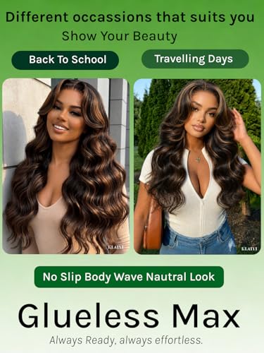 Image of KLAIYI Bye Bye Slip Golden Brown Highlight Body Wave Glueless Precut 7x5 Lace Front Wigs Human Hair Drawstring Pre Plucked Bleached Knots Ombre 3S Ready to Wear and Go Wig with Dark Roots 180% 18Inch