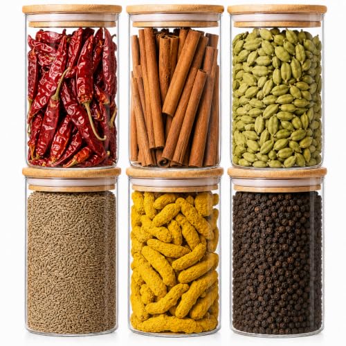 Image of Home Puff Glass Canisters for Spices, 750ml Borosilicate Glass Jars with Airtight Bamboo Lids, Leak-Proof Kitchen Storage Containers for Masala, Herbs & Seasonings - Pack of 6