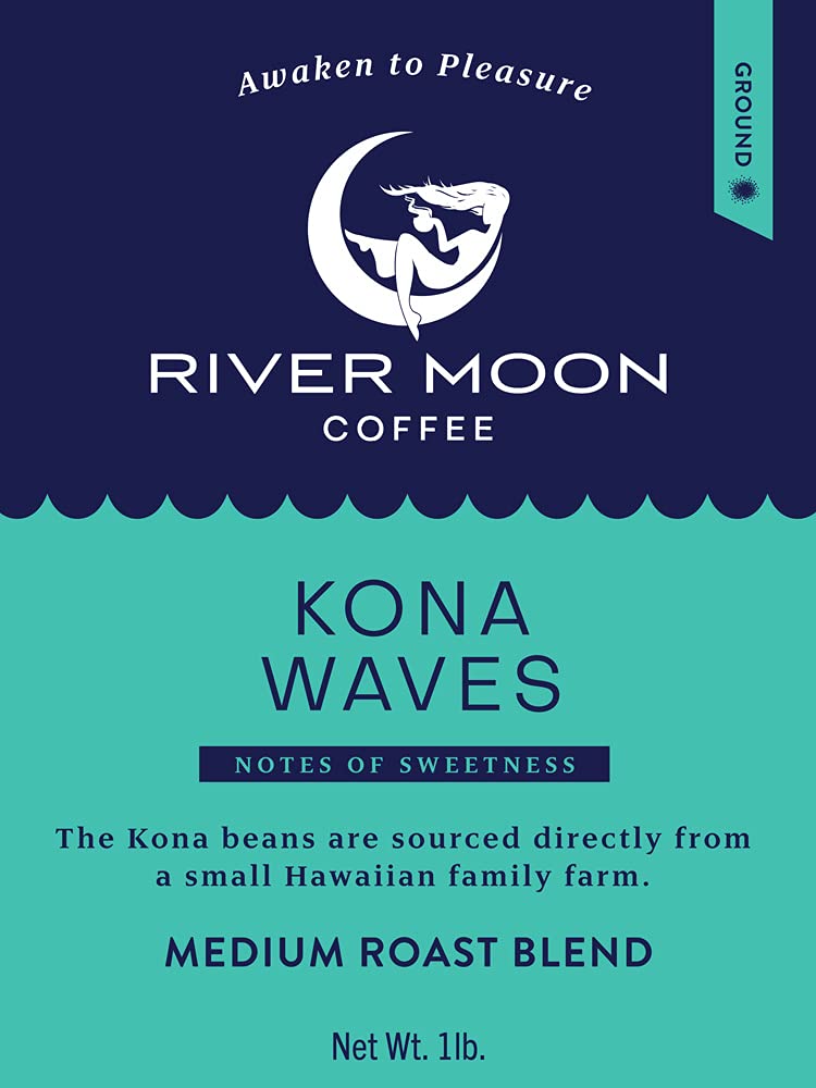 River Moon Coffee, Kona Coffee Ground, Medium Roast, 16 Ounces, Kona Waves Hawaiian Blend, Sustainably Farmed, 100% Arabica