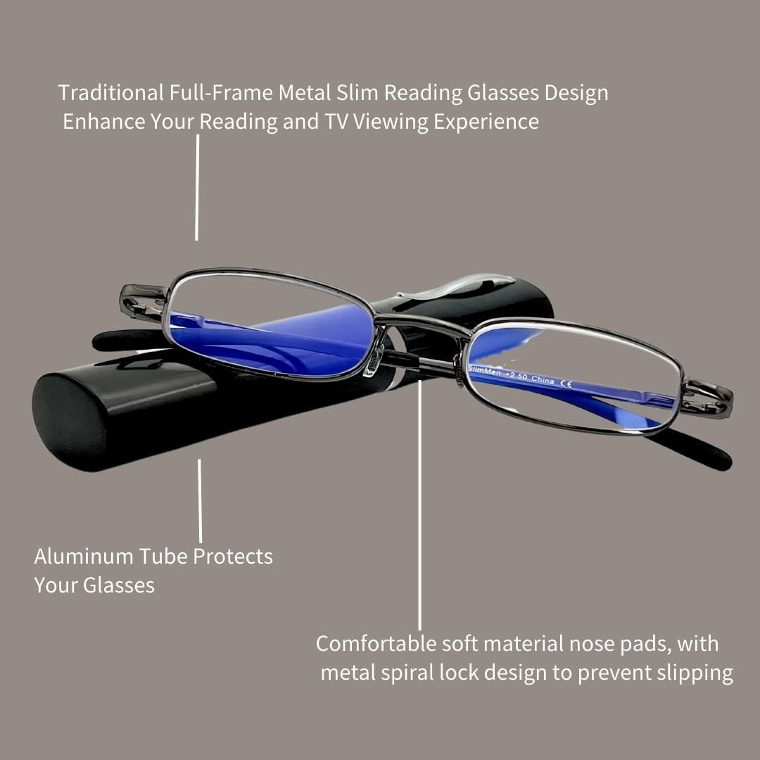 MIYUI JAPAN 2 Pack Blue Light Blocking Slim Reading Glasses metal tube Readers Lightweight Portable Reading Glasses Men 1.25