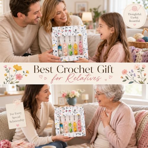 Image of Katech 5 PCS Crochet Hook Set with Case (4.0mm, 5.0mm, 5.5mm, 6.0mm, 6.5mm) | Hand-Polished Stainless Steel Crochet Hooks with Dried Floral Grip, Ergonomic Crochet Hook for Arthritic Hands & Beginners