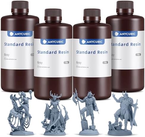 ANYCUBIC 3D Printer Resin Bundle, 405nm SLA UV-Curing Resin with High Precision and Quick Curing & Excellent Fluidity for LCD 3D Printing (4Packs*1kg Grey, 4kg in Total)