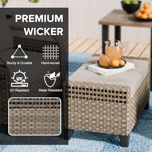 COOS BAY 2 Piece Wicker Outdoor Ottoman, 2pc Patio Ottoman Foot Rest for Couch with Removable Cushions for Patio, Deck, Backyard, Porch and Poolside, Brown/Gray
