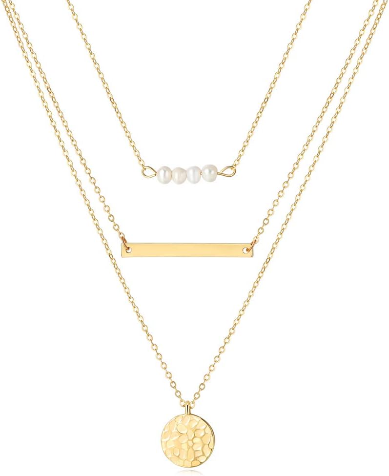 SEAYII Women Pearl Choker Necklace Gold 3 Layered 4 Pearl Bar Full Moon Coin Disc Double Side Hammered Pendant 14K Gold Fill Dainty Chain Boho Simple Delicate Handmade Gold Jewelry Gift
