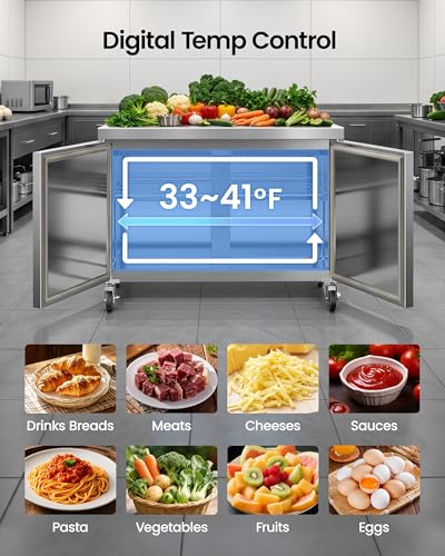 Image of 48 inch Worktop Refrigerator, 13 Cu.Ft Under Counter Fridge | Stainless Steel 2-Door Refrigerated Prep Station with Fan Cooling, Ideal for Restaurant, Bar and Kitchen Food Preparation