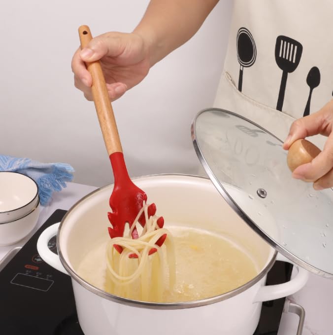 Nudelgabel mit Holzgriff, 31,5 cm, Silikon, Spaghetti-Gabel, Lebensmittelqualität, BPA-frei, Spaghetti-Löffel, Sieb und Servierlöffel (Rosa)