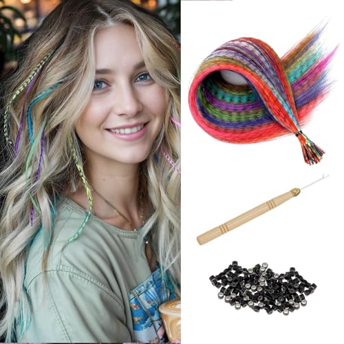 26 Pcs Kit Extensions de Cheveux Colorés, Synthétiques Plume Cheveux, Couleurs Mélangées Extension Perruque Plume, 50 micro perles et 1 crochet, Fille Femmes pour...