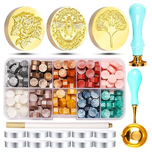 RUIJIE Kit de Sello de Lacre, 150 Perlas de Cera de Sellado de 10 Colores, 3 Sello de Cera, 1 Cucharas para Derretir, 10 Velas de Té, 1 Bolígrafo, para Sobres, Invitaciones de Boda, Regalo