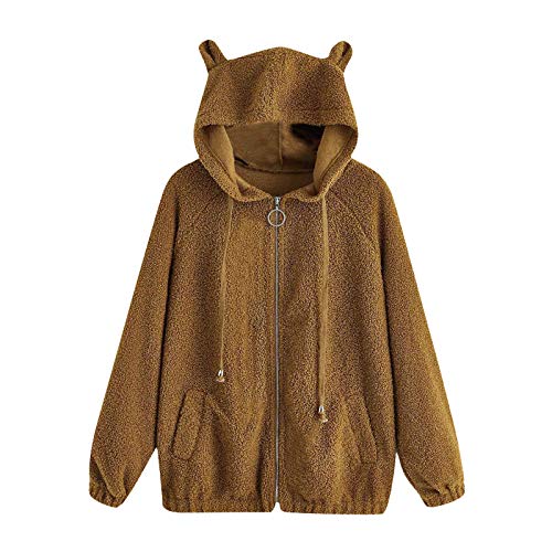 Women Fluffy Tail Zip Hoodies,Winter Warm Fluffy Double Velvet Bear Or Rabbit Hooded Sweatshirt Brown
