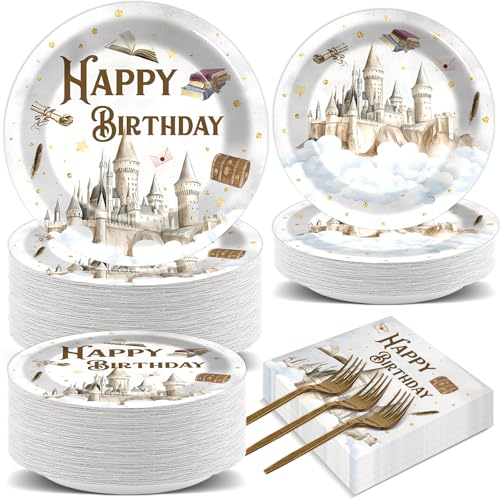 200Pcs Magical Wizard Birthday Party Supplies Vintage Castle Owl Party Plates and Napkins Witch Wizard Magic Disposable Tableware Decorations for Magic Baby Shower Birthday Favors for 50 Guests