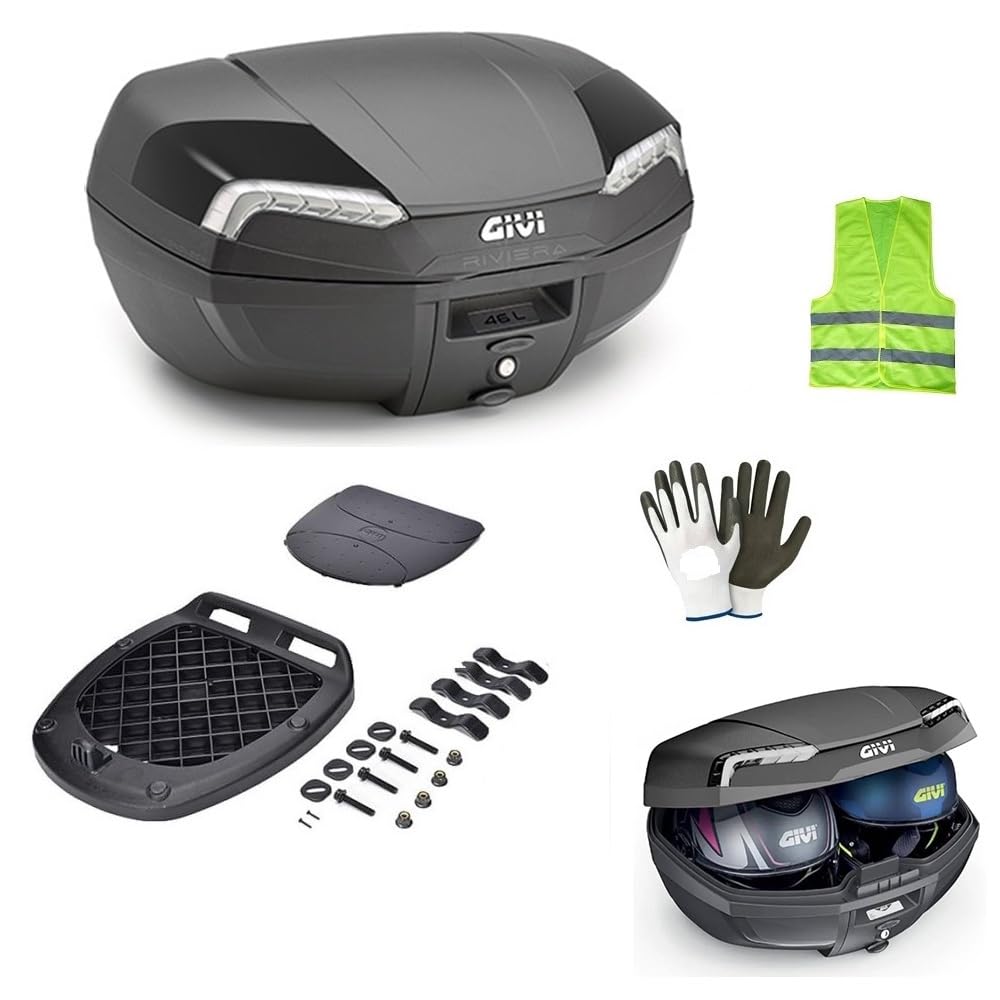 COMPATIBILE CON GARELLI MOSQUITO 125 BAULETTO PER MOTO SCOOTER VALIGIA E46NT TECH RIVIERA 46 LITRI TOP CASE BAULE CON PIASTRA E KIT UNIVERSALE PER PORTAPACCHI POSTERIORE