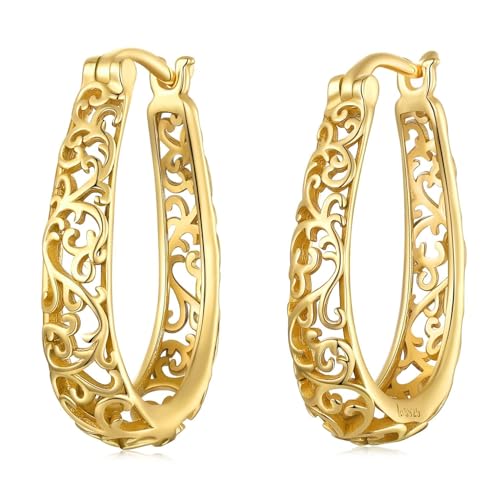 BISAER Gold Plated Filigree Hoop Earrings, 925 Sterling Silver Vintage Vine Earrings For Women Original Design Hypoallergenic Ear Jewelry Gift - Main Image