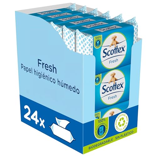 Scottex Papel Higiénico Húmedo Fresh con Agua Micelar y Vitamina E, Biodegradable y Sin Plástico | 24 paquetes de 74 servicios, 1776 unidades | Toallitas Húmedas Desechables por WC
