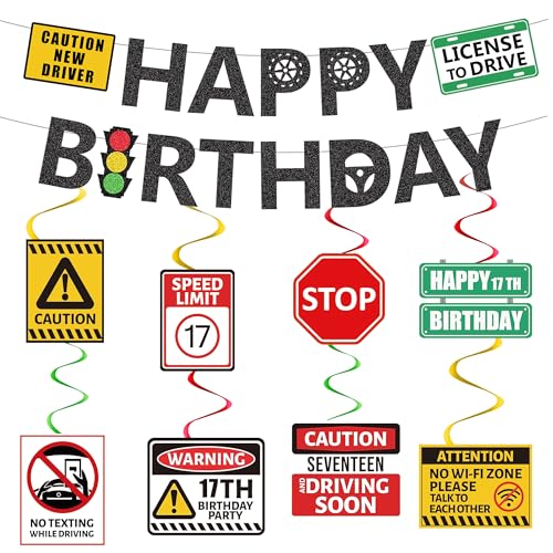 Learner Driver Gifts 17th Birthday - 18 Pcs Learner Driver Banner Hanging Swirls 17th Driver License Transportation Car Road Signs Theme Party Supplies for 17 Year Old Birthday Decorations