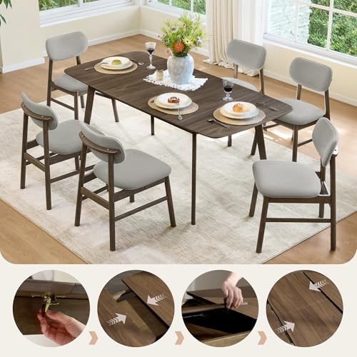 Image of CHITA 47 inch-59 inch Extendable Dining Room Table for 4, Modern Wood Dining Table for Small Spaces, Kitchen, Space Saving Hidden Leaves, Solid Rubberwood Frame, Walnut Veneer