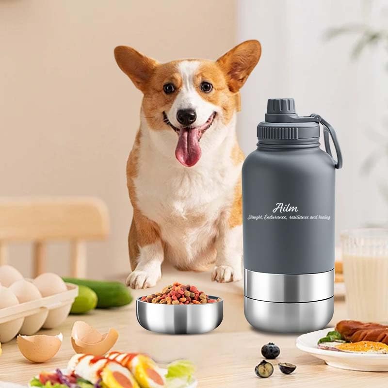 Travel Pet Feeder, 3-in-1 Food and Water Bottle Dispenser (Gray)