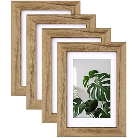EGOFINE 6x4 Photo Frames Set of 4 with Plexiglass, Display Pictures 5x3.5 with Mat or 6x4 Without Mat for Tabletop and Wall Mounting, Carbonized Brown Cover