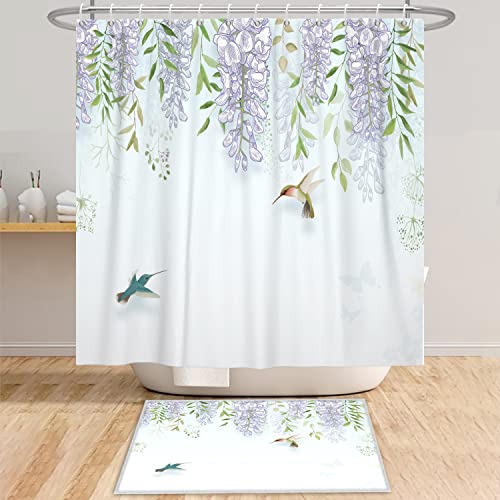 Bovlleetd Blumen Duschvorhang 180 x 180 cm Lila Wisteria Botanischer Kolibri Frühlingslandschaft Dekor Duschvorhänge Wasserdicht, Waschbar Polyester Badevorhänge mit 12 Haken für Badezimmer,Badewanne