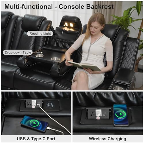 Image of Power Recliner Sectional Sofa for Living Room, Faux Leather Electric Sofa Couches with Bass Speaker, LED Light, USB, Type-C, Wireless Charging, Storage Console, Cup Holder, Reading Light, Black