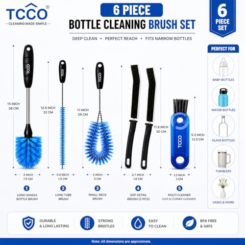 Image of 6-in-1 Bottle Cleaning Brush Set with Long Handle Stainless Steel Bottle Brush, Straw Cleaner, Lid Brush & Gap Cleaner for Water Bottles, Tumblers, Baby Bottles, Flasks & Mugs