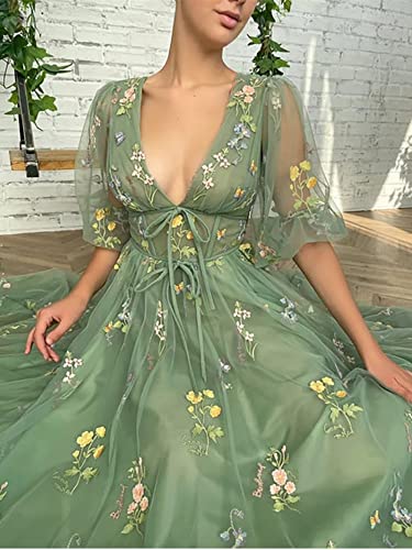 Image of Women's Puffy Sleeve Prom Dresses Fair Flower Embroidery Tulle Green Formal Evening Party Gowns