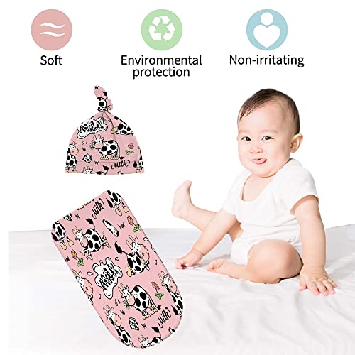 Image of Cute Cartoon Cows Newborn Swaddle Blankets With Hat Sets Newborn Receiving Blanket For Boy Girl Swaddle Sack Shower Infant Gift