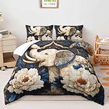 AILONEN Elephant Comforter Set Queen Size - Boho Peony Floral Mandala Bedding Bet for Bedroom Decor - Luxury Blue & White Animal Theme Quilt with 2 Pillowcases - 3Pcs
