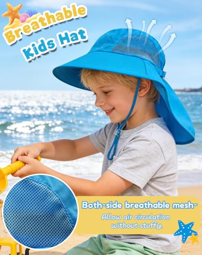 Image of Rosoz Kids Sun Hat with Neck Flap UV Protection Summer Toddler Beach Hat Unisex Ponytail Hat Wide Brim Fishing Hat