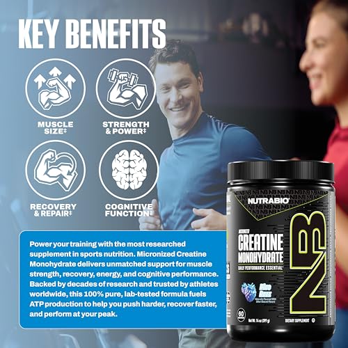 Image of NutraBio Pure Micronized Creatine Monohydrate Powder Supplement, Blue Razz (300 g) - Supports Bulk Muscle Energy, Recovery, and Strength - HPLC Tested Creatine Powder Supplement for Men and Women