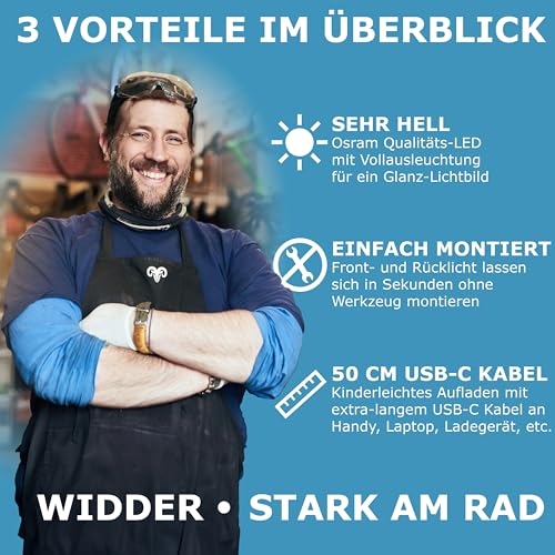 WIDDER Fahrradlicht Vorne & Hinten als Set [Sehr Hell 90 Lum LED] - Fahrrad Licht USB C Aufladbar - Fahrradlichterset Front & Rücklicht StVZO Zugelassen - Fahrradbeleuchtung Rennrad MTB Kinderfahrrad