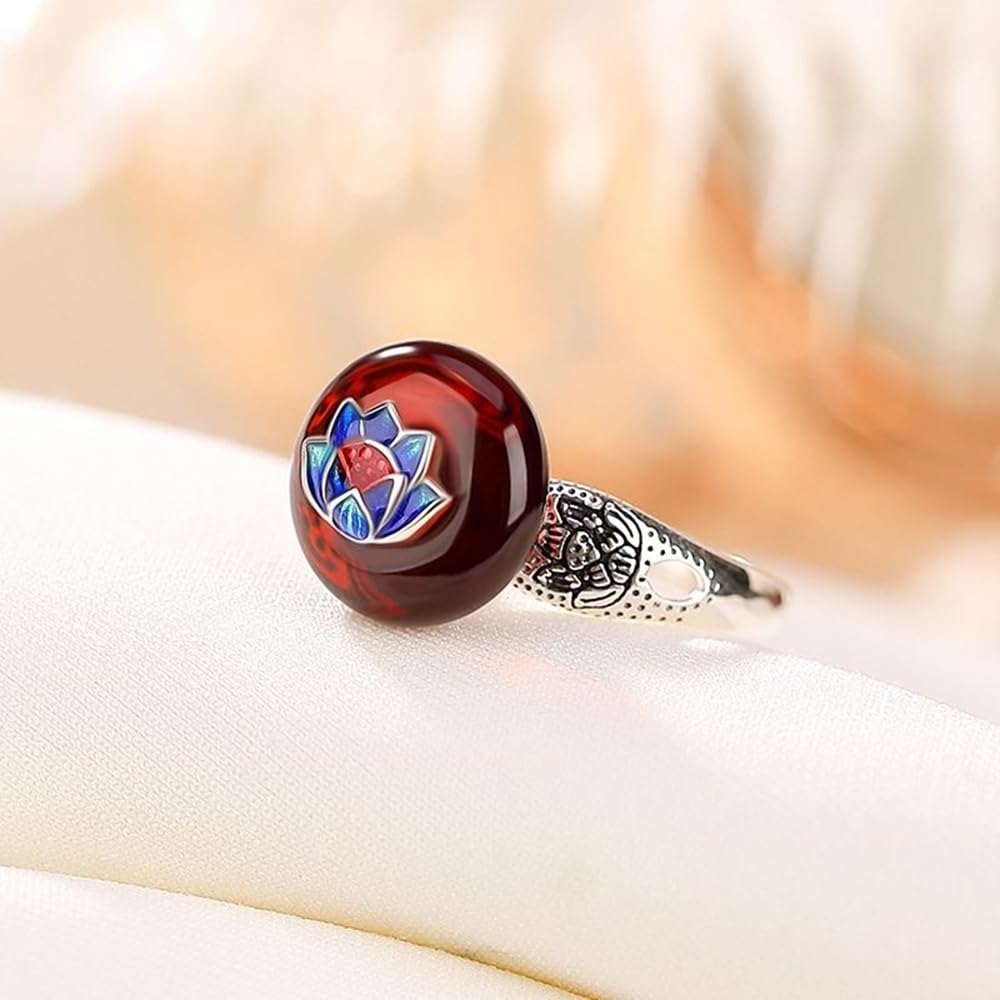 HMJGDHX S925-Silber mit natürlichem rotem Bernstein, Cloisonné-Lotusblume, Ping-An-Schnalle-Ring (verstellbare Öffnung), Ring für Damen, echte Jade