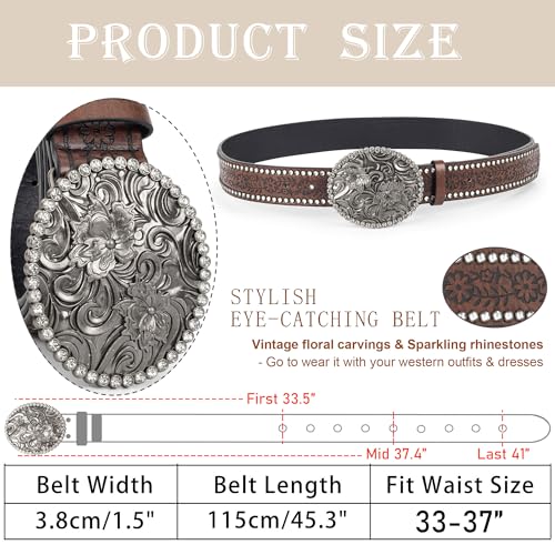 Rhinestone Western Cowboy Belts for Women, PU-Leather Brown Floral Embossed Vintage Carved Cowgirl Belt 33-37" for Jeans2