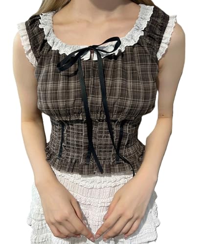 [ウィゴー] PHILLY フリル ノースリーブ チェック ブラウス レディース F ブラウン